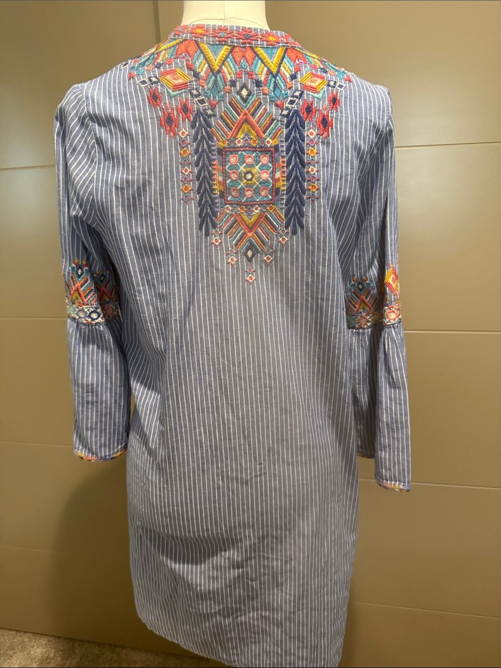 Johnny Was Blue Striped Tunic with Multicolor Embroidery - Picture 4 of 6